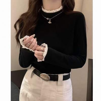 花边拼接半高领打底衫女秋冬双面磨毛修身设计感针织衫内搭ak